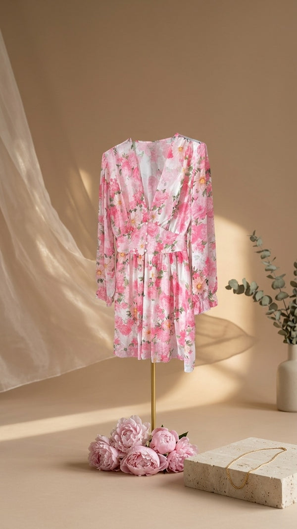 Blush Garden Floral V-Neck Mini Dress