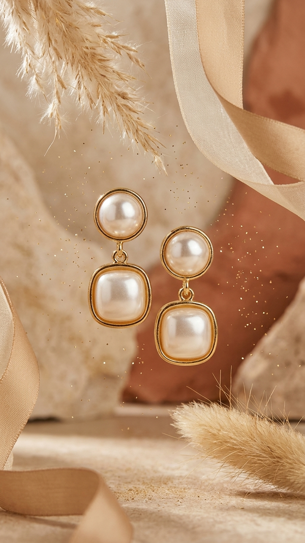 Luxe Gold-Toned Geometric Pearl-Drop Statement Earrings