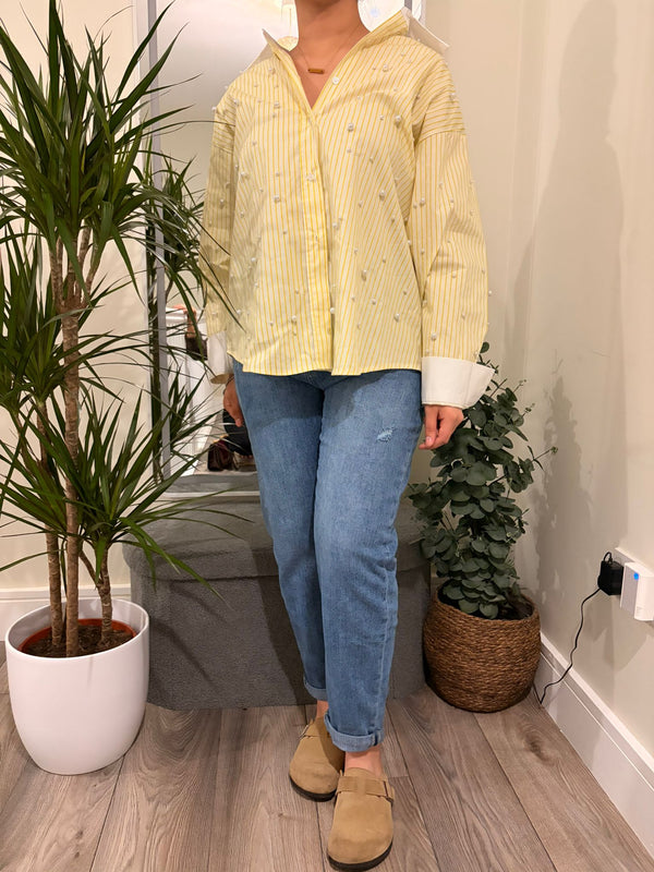 Soft Butter Yellow Pinstripe Pearl Embellished Shirt