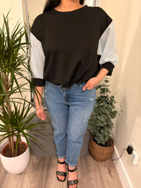 Black with Blue & White Gingham Sleeve Top