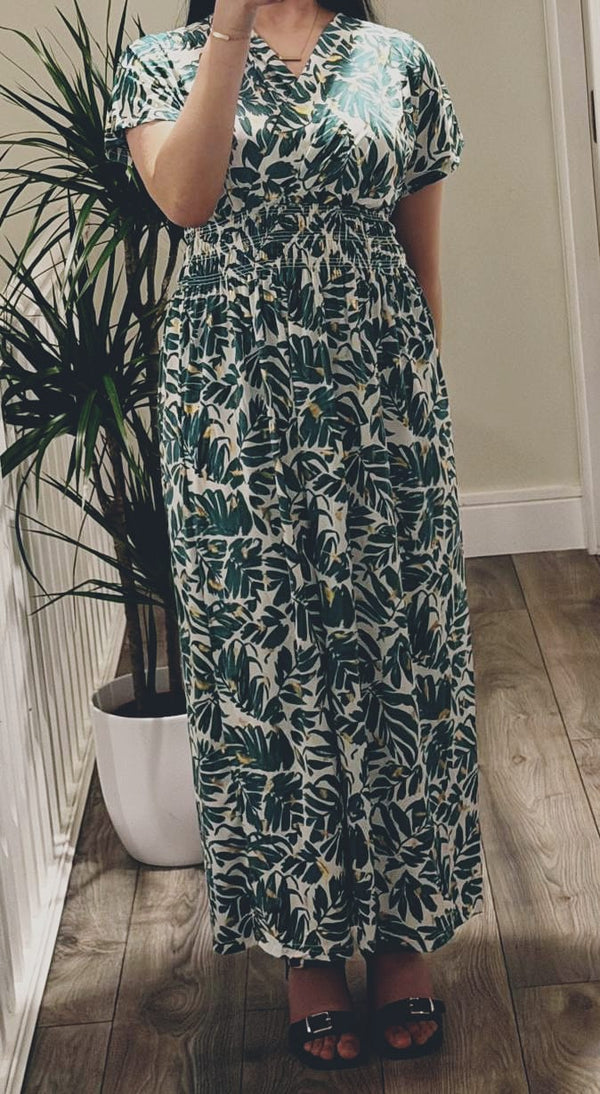 Green Tropical V-Neck Maxi Dress