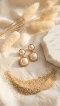 Elegant Gold-Toned Square & Round Pearl-Drop Earrings