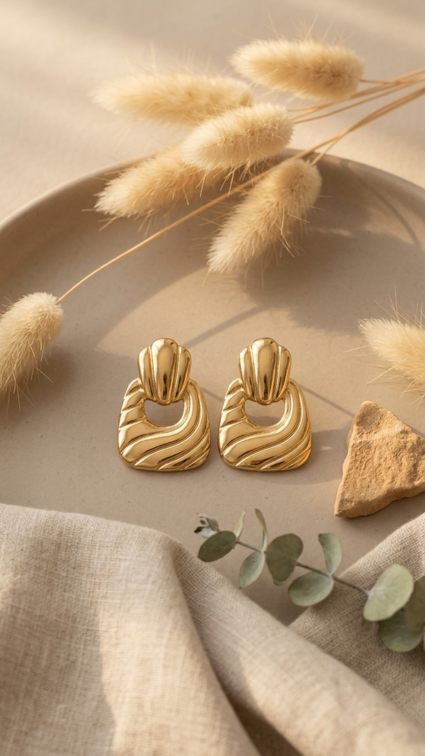 Vintage-Style Gold-Toned Ribbed Door Knocker Earrings