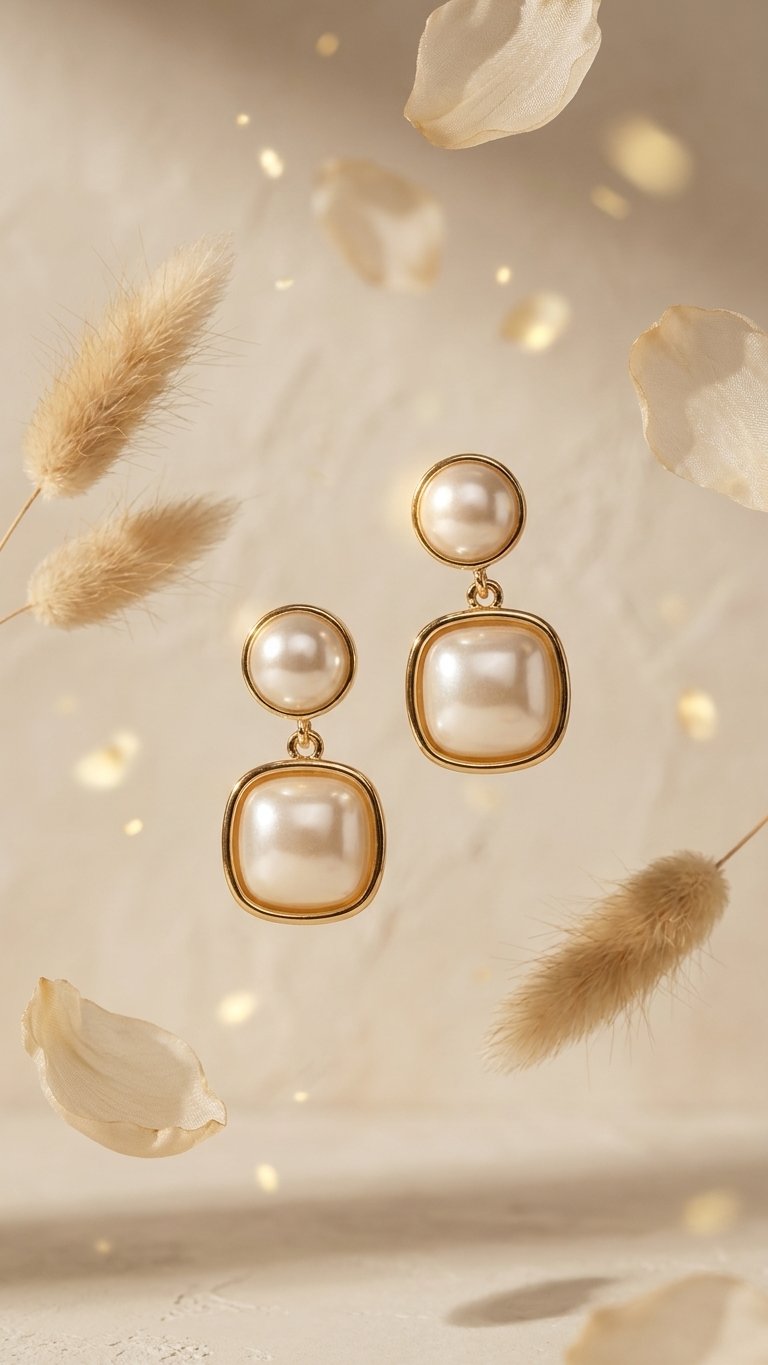 Elegant Gold-Toned Square & Round Pearl-Drop Earrings
