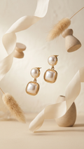 Elegant Gold-Toned Square & Round Pearl-Drop Earrings