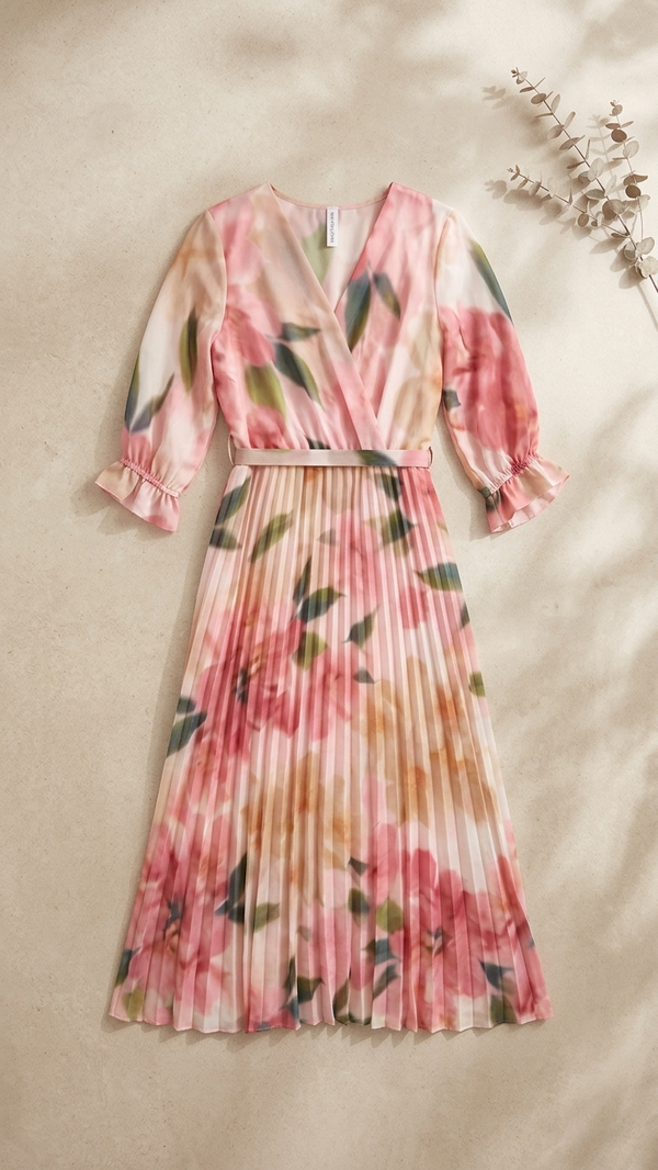 Rosy Bloom Pleated Wrap Midi Dress