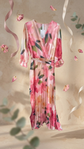 Rosy Bloom Pleated Wrap Midi Dress