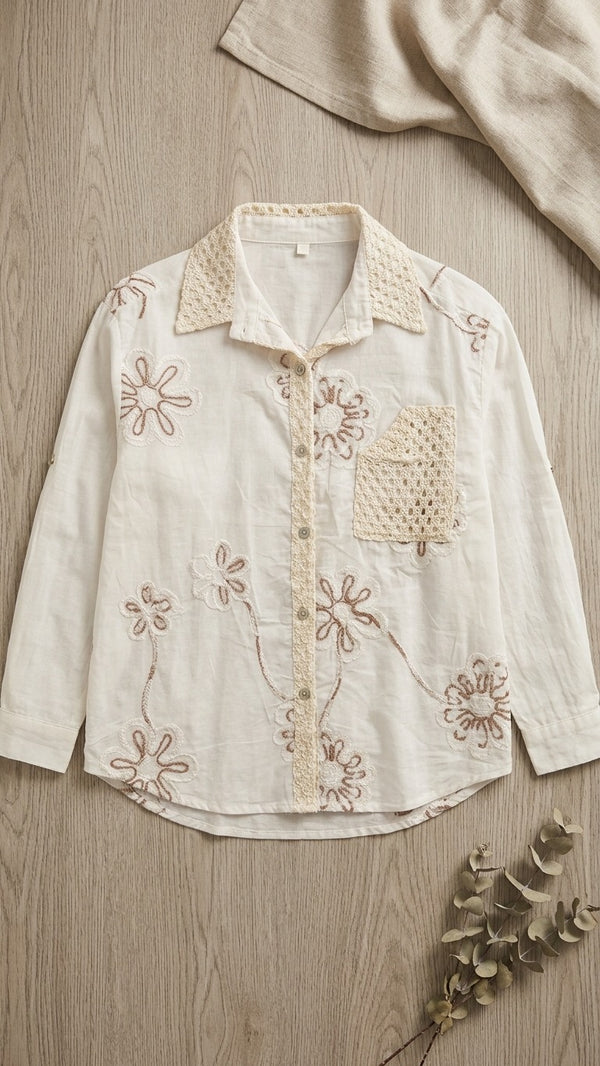 Boho Floral Embroidered Crochet Shirt